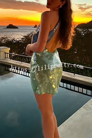 Fashion Sexy Sequined Backless Halter Neck Slim Fit Mini Dress