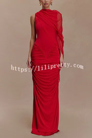 Fashionable Mesh Shawl Sleeveless Slim Fit Pleated Maxi Dress