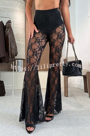 Chic Moment Floral Lace High Rise Elastic Waist Fishtail Hem Stretch Pants