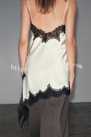Satin Lace Trim V-neck Asymmetrical Hem Slip Mini Dress