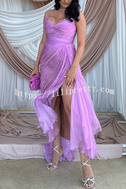 Julie Tulle Lace Trim Off Shoulder Ruched Back Lace-up Drape Slit Maxi Dress