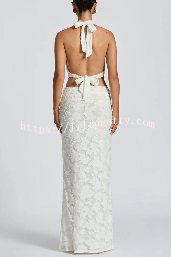 Myra Floral Burnout Jersey Fabric Halter Crop Tank and Ruched Maxi Skirt Set