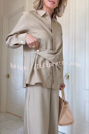 Juliette Cross-front Button Up Long Sleeve Shirt and Elastic Waist Pocket Loose Pants Set