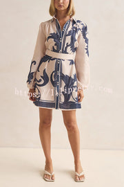 Botanical Print Lapel Puff Sleeve Vintage Belt Loose Mini Dress