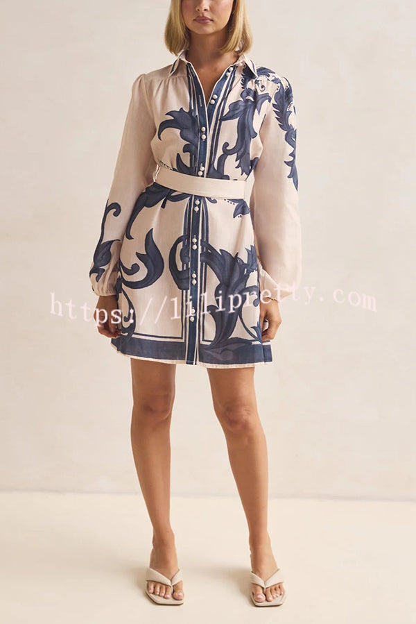 Botanical Print Lapel Puff Sleeve Vintage Belt Loose Mini Dress