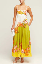 Lilipretty® Malakai Linen Blend Contrast Floral Print back smocked Pocket Maxi Dress