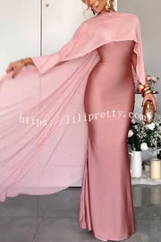 Party Charm Satin Sheer Chiffon High Low Cape Slip Maxi Dress
