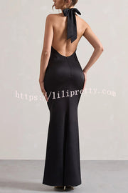 Solid Color Halter Neck Tie Sexy Backless Slim Maxi Dress