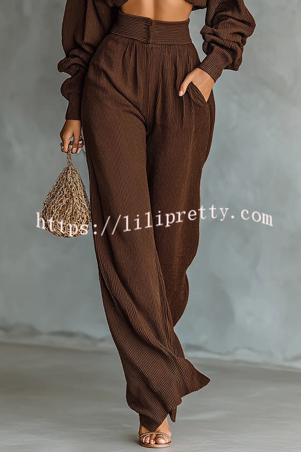 Solid Color Textured Fabric Round Neck Long-sleeved Top + High Waist Casual Pocket Wide-leg Pants Set