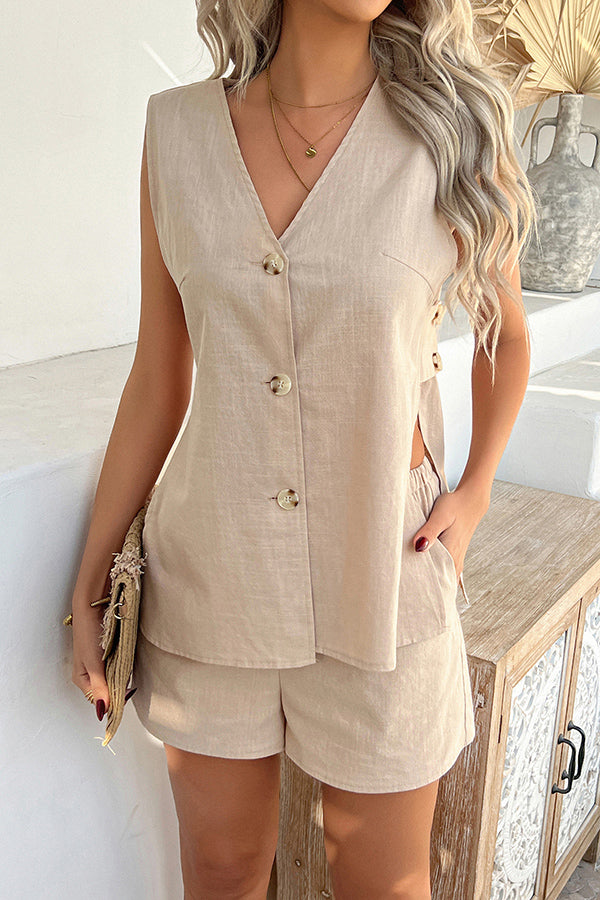 Solid Color Holiday Style V-neck Button Vest and Elastic Waist Casual Pocket Shorts Set