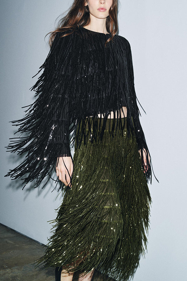 Stylish Sequined Tassel Elegant Midi Skirt