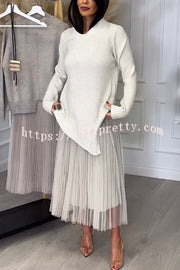 Jensine Ribbed Knit Irregular Loose Sweater and Pleated Tulle Tank Midi Dress Two-piece Set