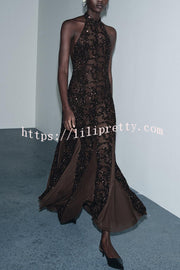 Twilight Gleam Sequin Textured Tulle Hem Halter Backless Maxi Dress