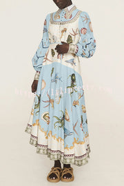 Ocean Print Lapel Button Waist Tie Resort Maxi Dress
