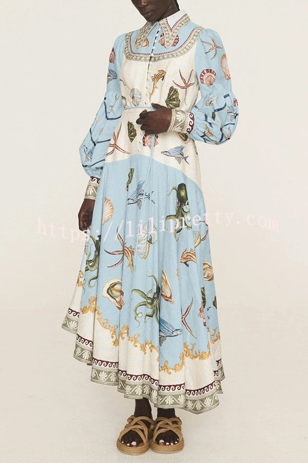 Ocean Print Lapel Button Waist Tie Resort Maxi Dress