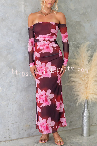 Floral Fantasy Mesh Off Shoulder Long Sleeve Stretch Maxi Dress