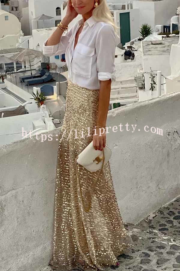 Golden Evening Sequin Elastic Waist Maxi Skirt