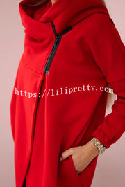 Solid Color Loose Hooded Zip-up Casual Sports Jacket