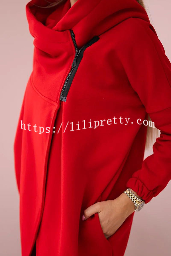 Solid Color Loose Hooded Zip-up Casual Sports Jacket