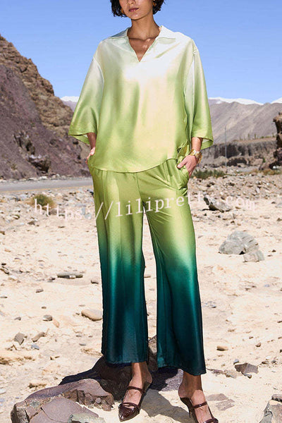 Alenah Satin Gradient Print V-Neck Loose Shirt and Casual Pocket Wide Leg Pants Set