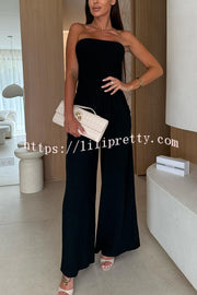 Linen Blend Solid Color Off-the-shoulder Pleated Casual Pocket Wide-leg Jumpsuit