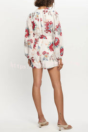 Floral Print Elegant Long Sleeve Waist Tie Casual Rompers