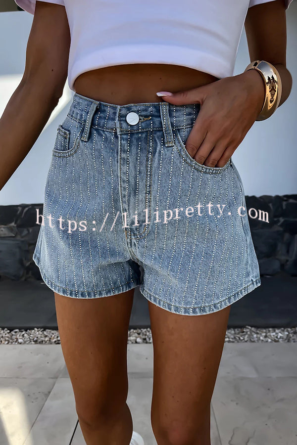 Fashion Rhinestone Loose Pocket Denim Shorts