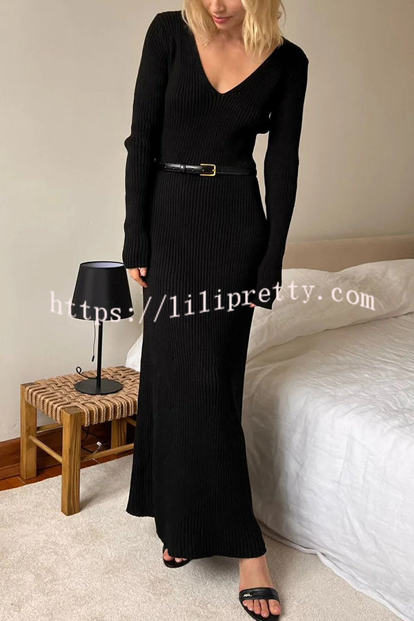 Solid Color V-neck Long-sleeved Slim-fit Elegant Knit Maxi Dress