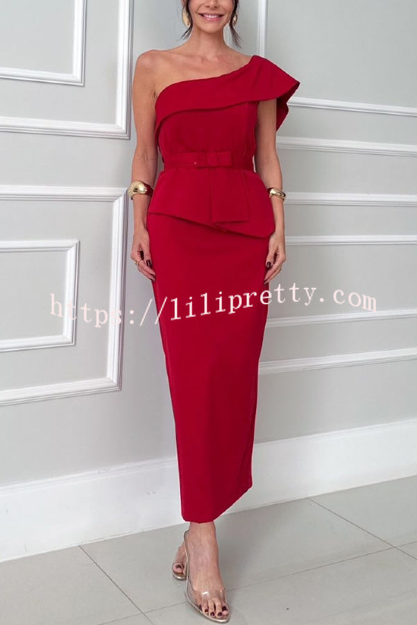Sweet Party One Shoulder Lapel Neck Sleeveless Bow Belt Pencil Midi Dress