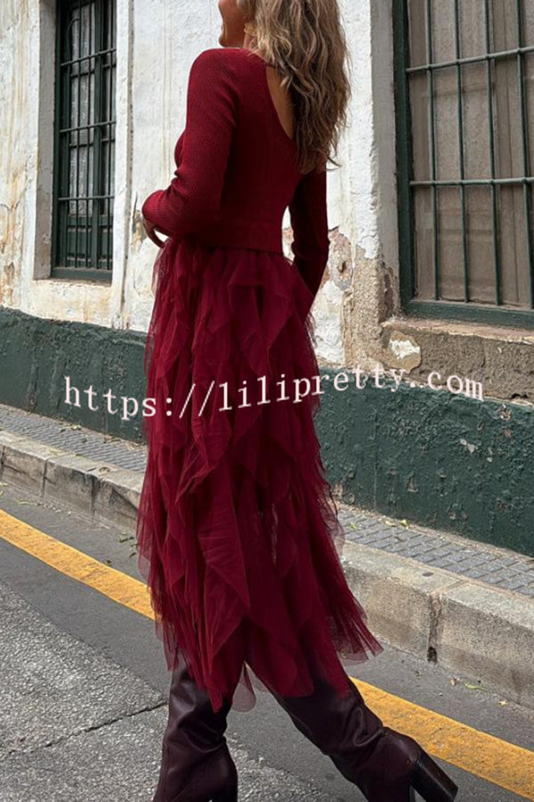 Jansen Ribbed Knit Patchwork Layered Tulle Ruffles Long Sleeve Midi Dress