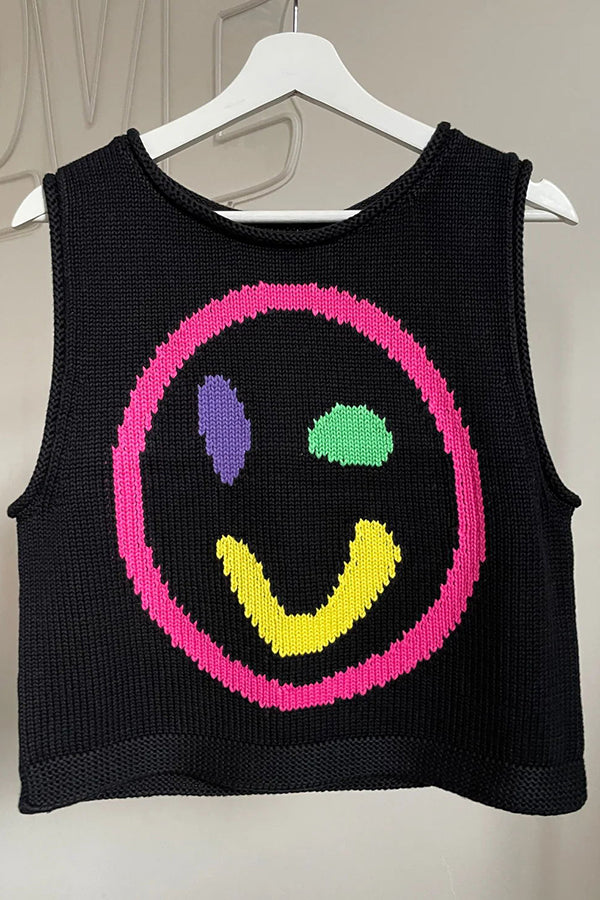 Always Happy Face Knit Unique Pattern Versatile Loose Tank Top