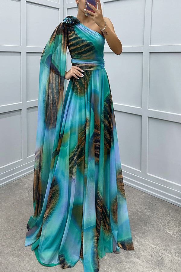 Lucia Unique Print Floral Detail One Shoulder Draped Sleeve Gown Maxi Dress