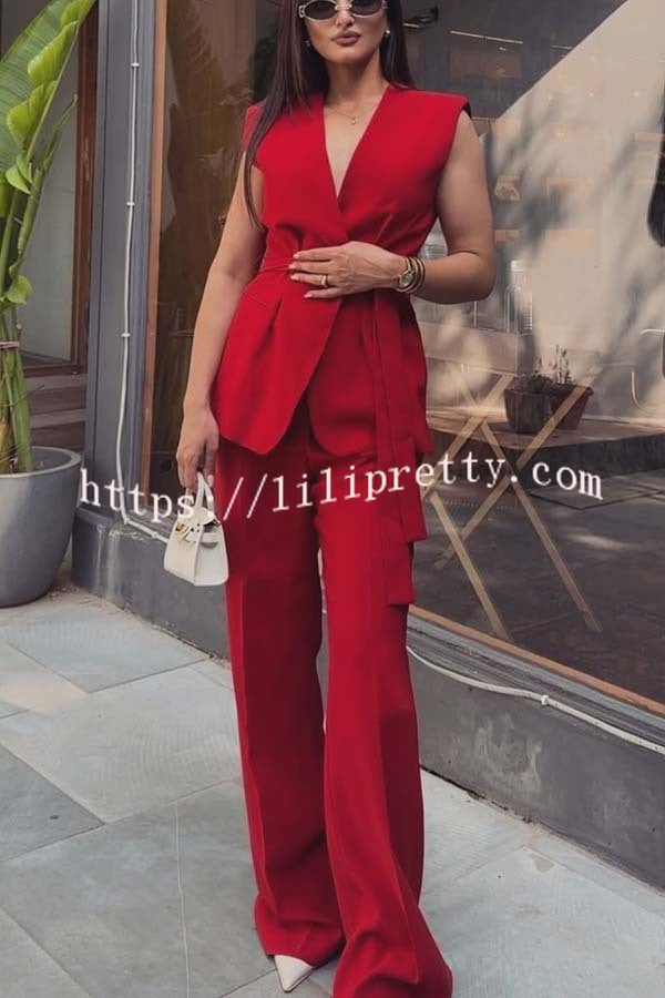 Keep It Classic V-neck Belted Vest and Mid Rise Pocket Wide Leg Pants Set