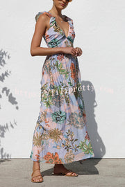 Unique Printed V-neck Ruffled Straps Pleated Back Maxi Dress