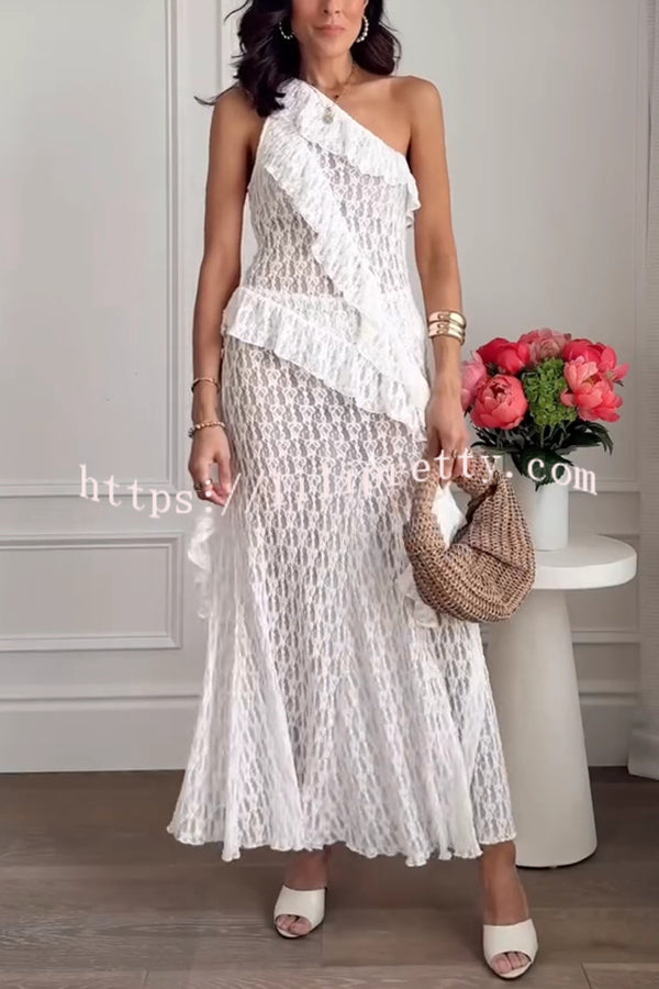 Solid Color Lace One Shoulder Ruffled Slim Fit Top