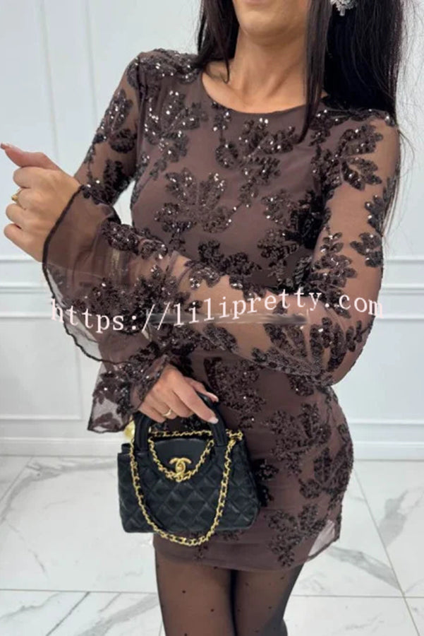 Deep and Dazzling Floral Texture Sequin Long Bell Sleeve Open Back Mini Dress