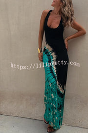 Lilipretty Summer Adventures Tie-dye Print Back Lace-up Stretch Maxi Dress