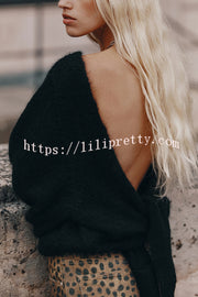 Chunky Season Knit Mohair-blend Long Sleeve Open Back Knot Design Loose Sweater