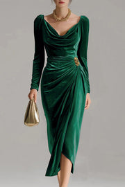 Solid Color Velvet Long-sleeved Slim-fit Pleated Midi Dress