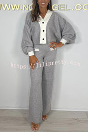 Fashion Contrast Color V-neck Loose Cardigan and Elastic Waist Casual Pants Set