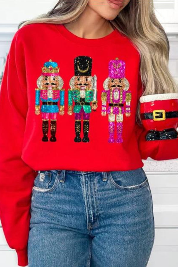 Christmas Soldier Sequin Loose Crew Neck Long Sleeve Sweatshirt