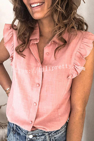 Solid Color Short Ruffle Sleeve Button Front Shirt