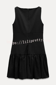 Solid Velvet Bow Embellished Sleeveless Mini Dress