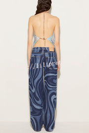 Artistic Girl Satin Unique Print Metal Chain Halter Draped Scarf Tank