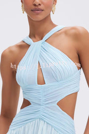 Graceful Modern Chiffon Twist Halter Neck Cutout Pleated Maxi Dress