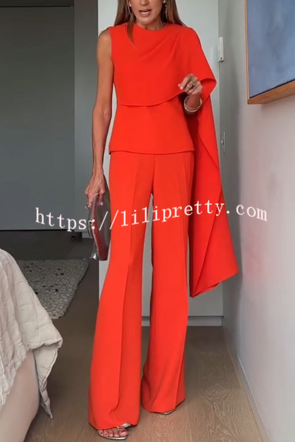 Perfect Balance Asymmetric Draped Cape Top and High Waist Flared Pants Set