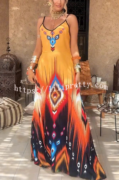 Unique Printed Suspender V-neck Loose Maxi Dress