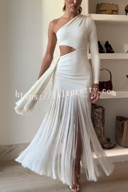 Amazing Type One Shoulder Cutout Drape Tassle Trim Stretch Maxi Dress