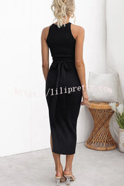 Serene Ribbed Knit Colorblock Back Tie-up Slit Stretch Midi Dress