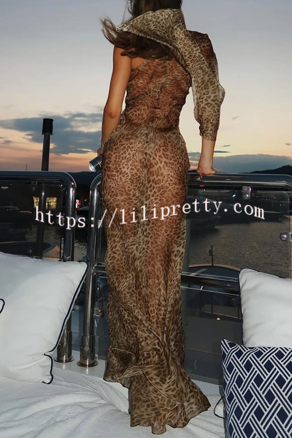 Leopard Print One Sleeve Sexy See-Through Fit Maxi Dress